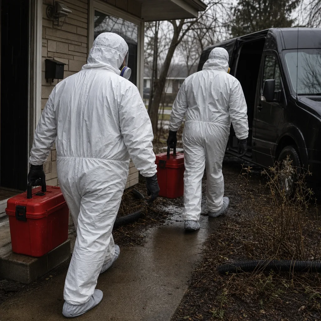 Two technicians in hazmat gear carrying equipment for biohazard cleanup services in Minneapolis, MN