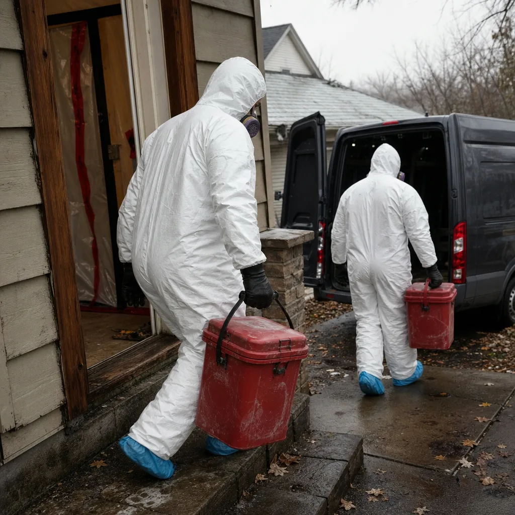 Professional biohazard cleanup crew in hazmat suits carrying equipment in Minneapolis, MN