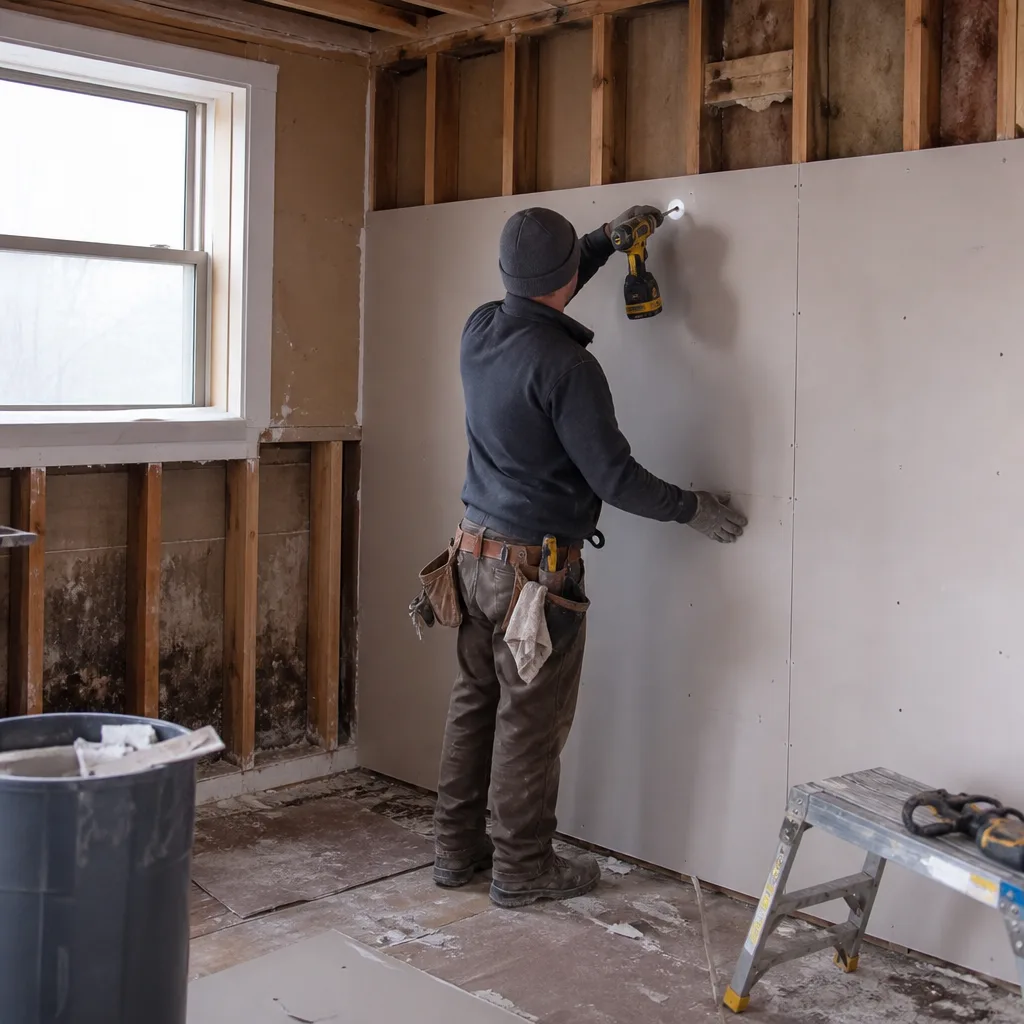 Professional contractor installing drywall during a residential reconstruction and restoration project in Minneapolis, MN