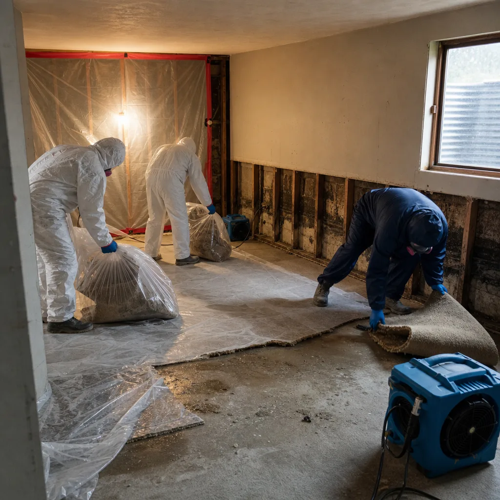 Restoration professionals wearing hazmat suits performing a basement sewage cleanup in Minneapolis, MN