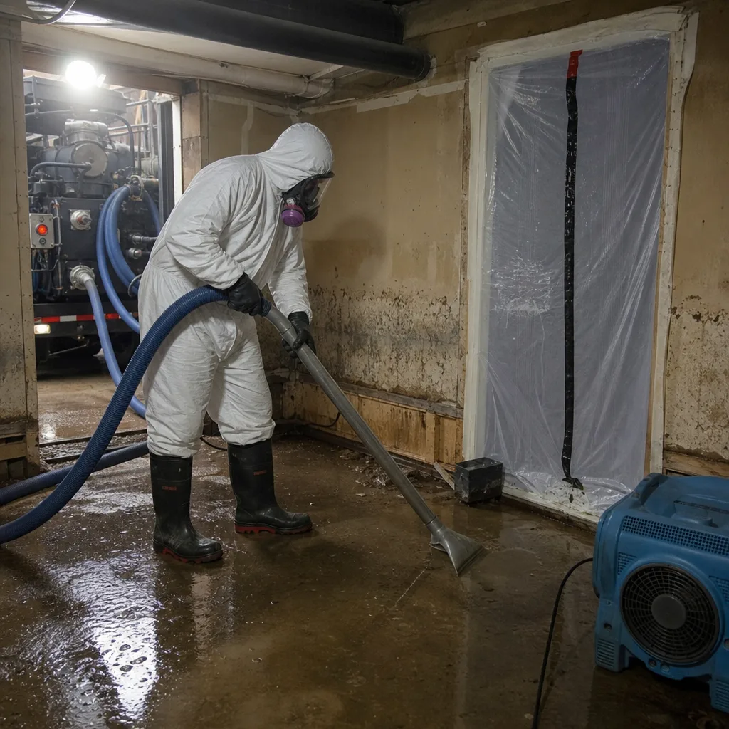 Technician in protective gear performing professional sewage cleanup in flooded room in Minneapolis, MN