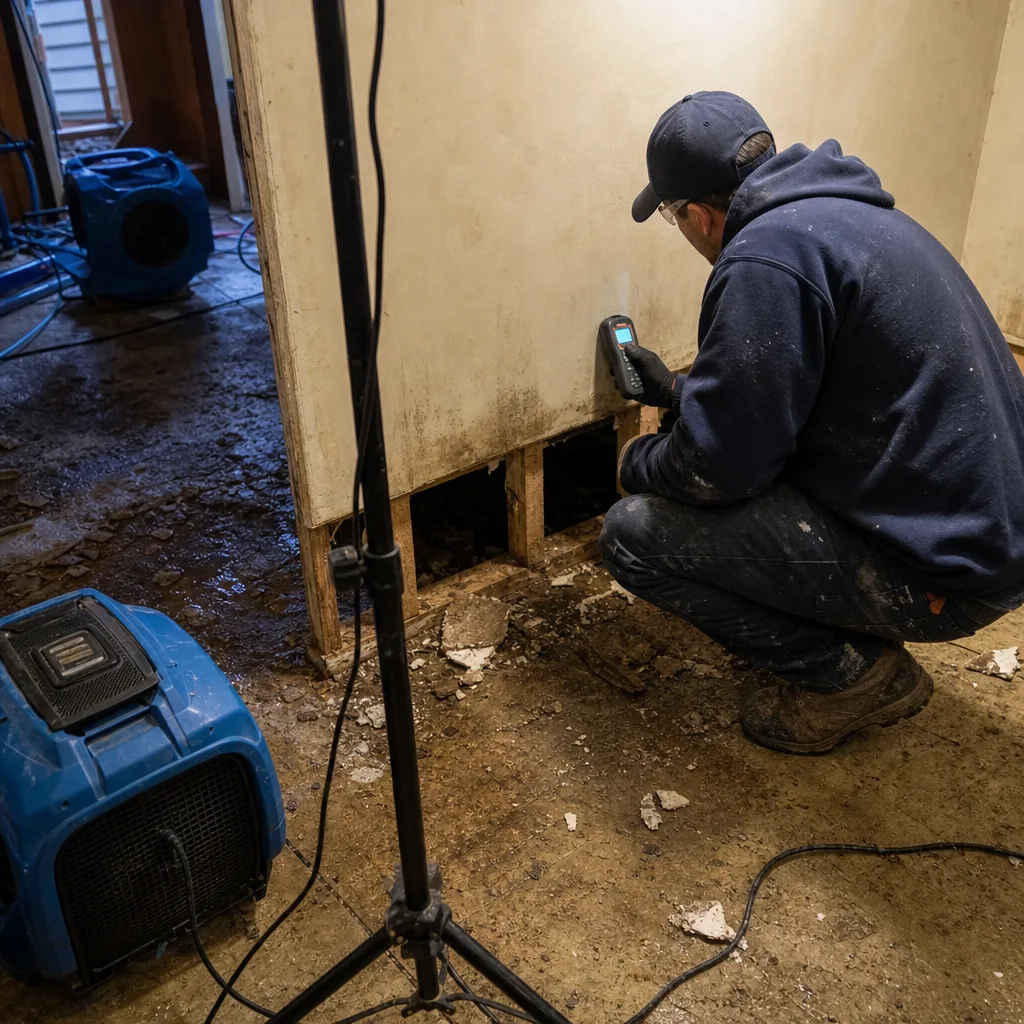 Technician using a moisture meter to inspect water damage in building in Minneapolis, MN