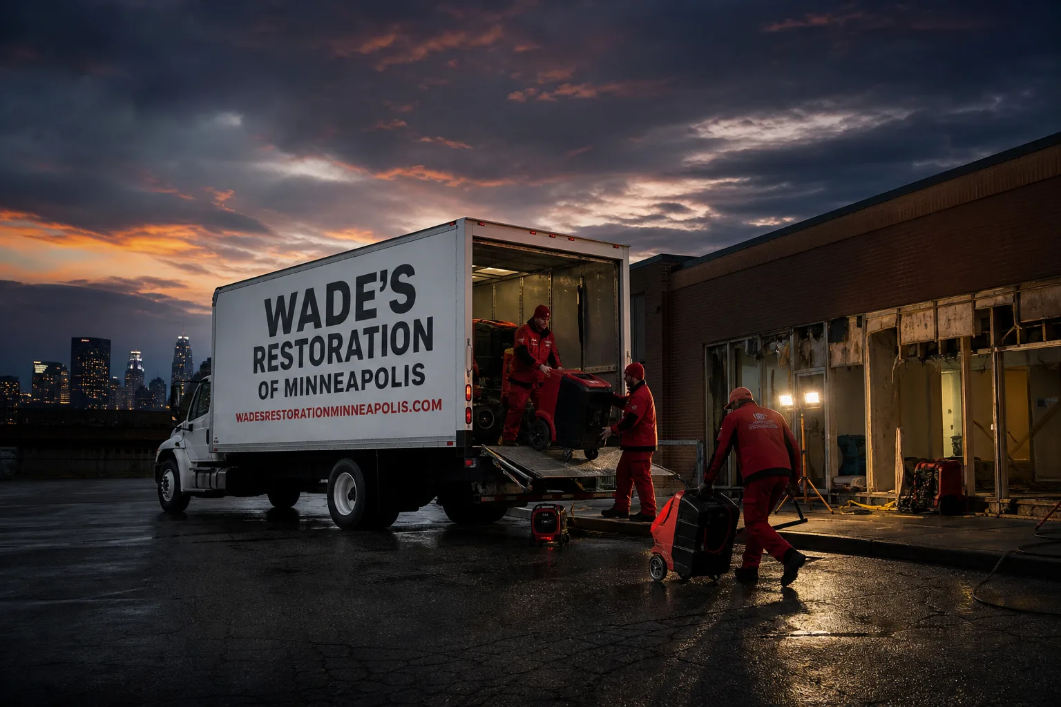 Wade's Restoration of Minneapolis damage restoration service vehicle and crew in Minneapolis, MN